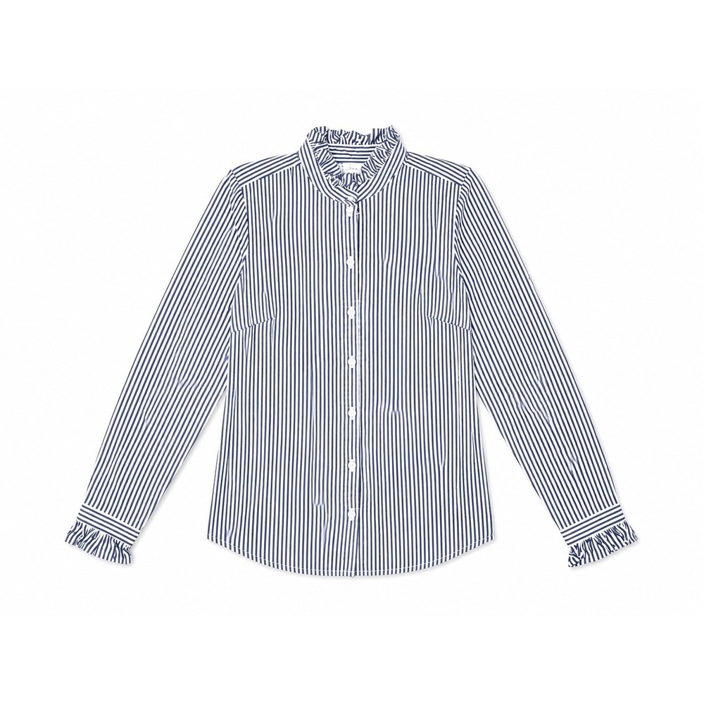 J.Crew Blue White Striped Ruffle Collar Button Front Shirt XS Stretch Cotton